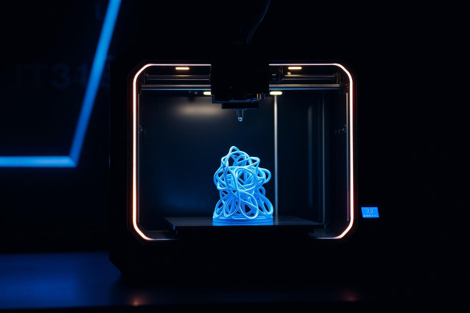 3D printer creating glowing blue object